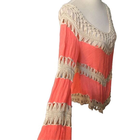 Lace crochet Umgee Boho Stretch Knit Tunic with Lacy Crochet Trim Coral size S - Picture 9 of 15